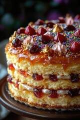 A colorful cake with various toppings served on a plate, perfect for celebrations or special occasions