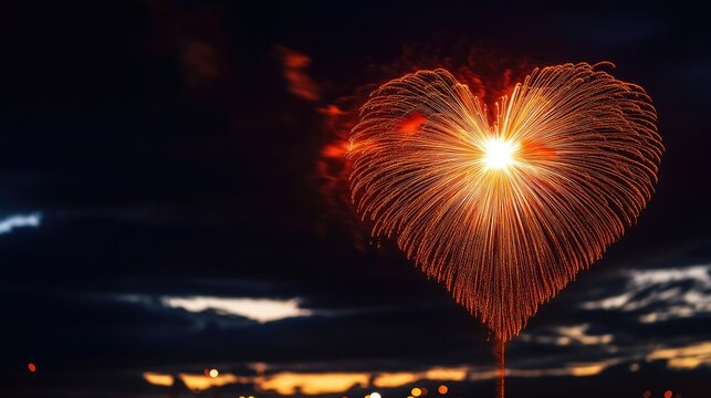 A heart shaped firework explodes in the dark night sky, a romantic gesture or celebration