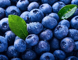 Water drops on ripe sweet blueberry. Fresh blueberries background with copy space for your text. Vegan and vegetarian concept. Macro texture of blueberry berries.Texture blueberry berries close up