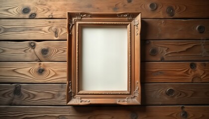 Vintage wooden frame with mat. Empty photo frame against wooden wall. Elegant design. Retro style. Perfect for home decor. Interior design. Art gallery. Antique shop. Suitable for vintage classic