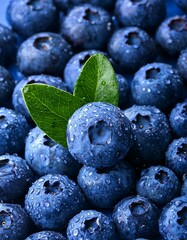Water drops on ripe sweet blueberry. Fresh blueberries background with copy space for your text. Vegan and vegetarian concept. Macro texture of blueberry berries.Texture blueberry berries close up