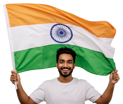 Indian man in his 20s holding his national flag on a flagpole and smiling at camera