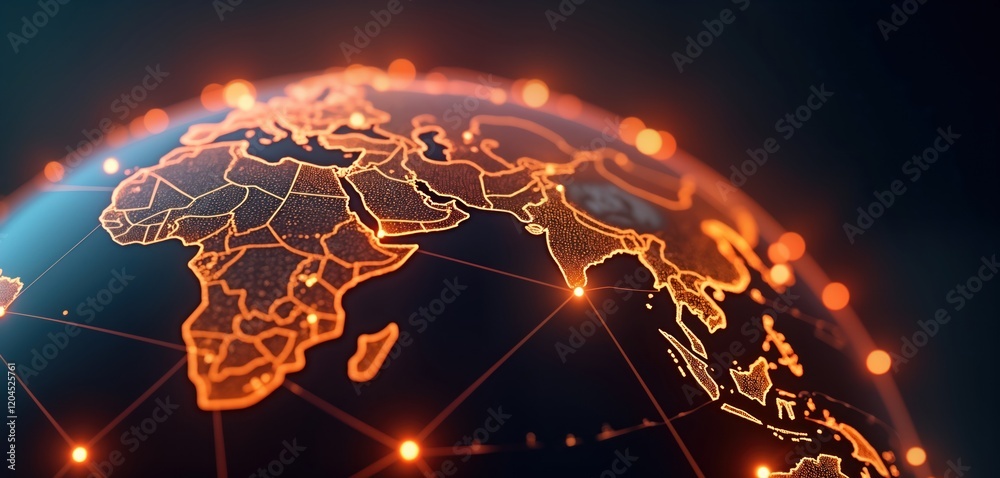 Aufkleber Global network visualization. Digital representation of earth with orange data points connecting continents. Futuristic illustration for tech themes like global business, communication. Orange lines