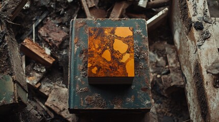 Apocalyptic Book Cover Design,  Abstract Orange and Brown Art on Old Book in Ruins