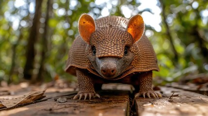 Obraz premium Armadillo on wooden path, rainforest background, wildlife photography, nature documentary