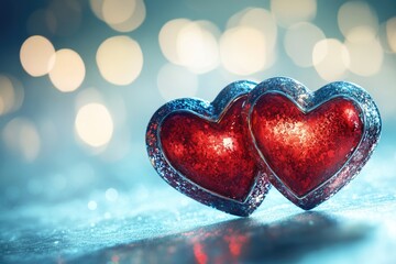 Fototapeta premium Two red hearts sit on top of a table, perfect for Valentine's Day or any romantic occasion