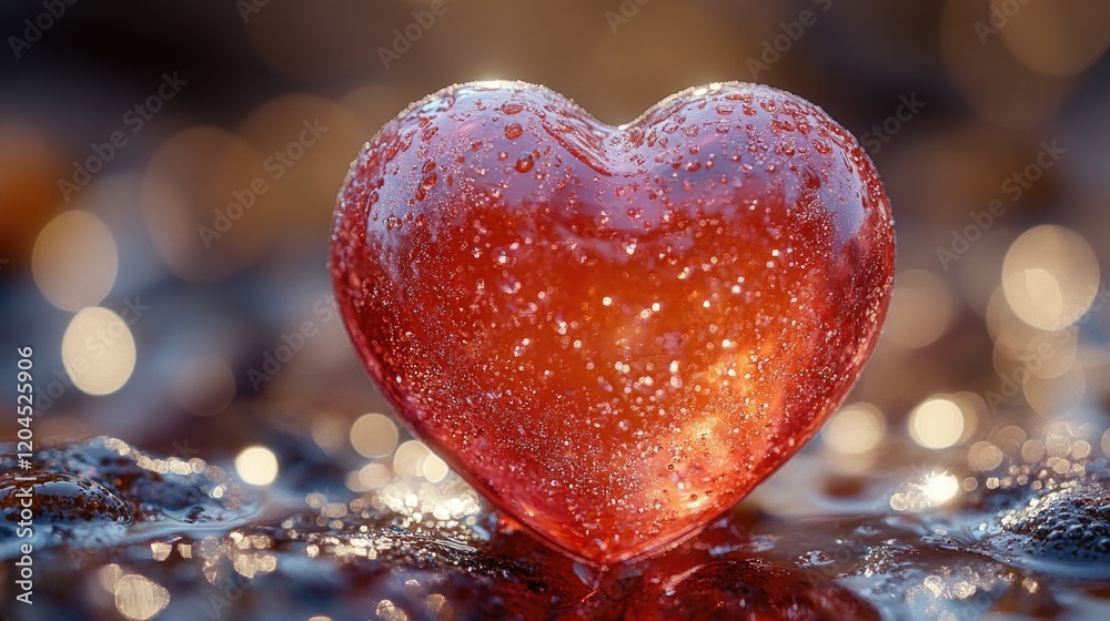 Poster a heart-shaped object sits on top of a wet surface, often used for decorative or symbolic purposes