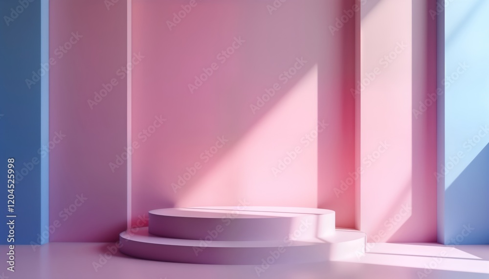 Aufkleber empty pastel podium in studio setting. modern design with soft gradient colors of pink blue, purple.