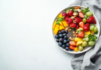 Colorful fruit and granola bowl.