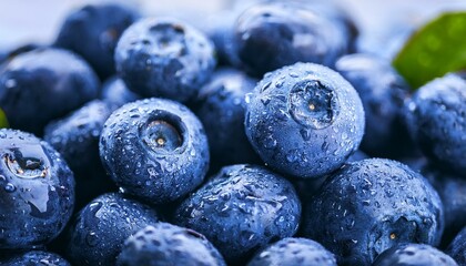Water drops on ripe sweet blueberry. Fresh blueberries background with copy space for your text. Vegan and vegetarian concept. Macro texture of blueberry berries.Texture blueberry berries close up
