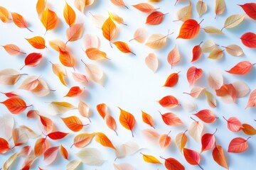 Autumn leaves in shades of orange and red scattered on a light blue background.