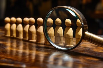 A magnifying glass examining a group of wooden figurines