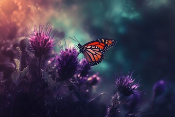 A monarch butterfly rests gently on vibrant purple thistle flowers in a dreamy, sunlit garden.