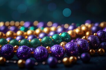 A close-up shot of various purple and green beads