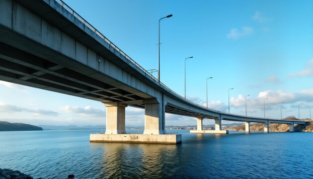 Modern reinforced concrete road bridge spans over calm water. Strong structure with pillars supporting wide roadway. Clear blue sky with scattered clouds indicates sunny day. Landscape view of calm
