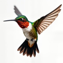 Fototapeta premium Allen hummingbird in flight. Detailed photorealistic illustration shows vibrant colors like red copper green, orange. Bird wings spread wide, plumage detailed. Fast, energetic movement suggested.