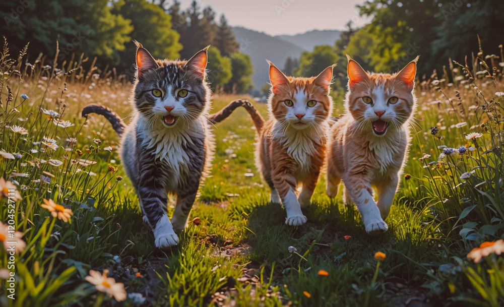 Poster three cats are running through a field of flowers. the cats are orange and white. scene is playful a