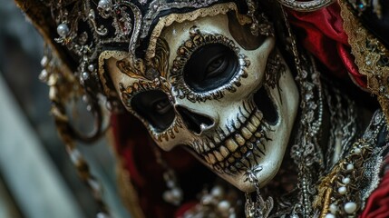 Fototapeta premium Close-up shot of a mask featuring a skull motif, suitable for horror-themed projects or Halloween celebrations