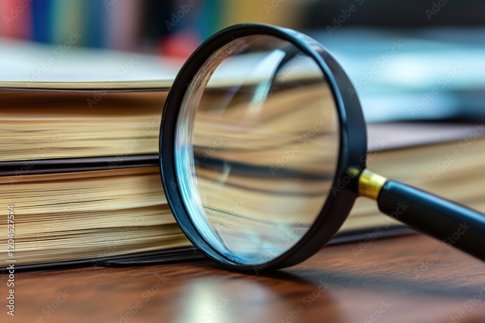 Poster a magnifying glass perched atop a pile of books, perfect for searching out a specific passage or exa