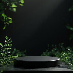 Dark, circular platform surrounded by lush green foliage against a black background.
