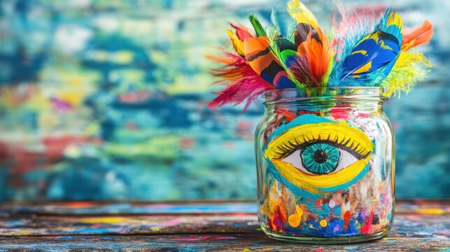 Colorful feathers and painted eye in a glass jar on rustic wood.