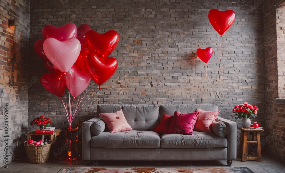 Poster room with a gray couch and a wall full of red balloons. the balloons are arranged in a way that they