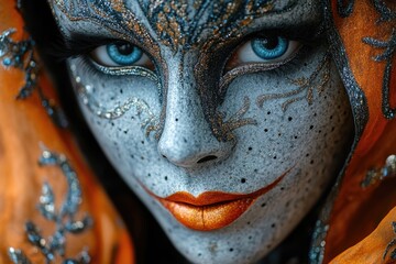 Close-up portrait of a woman with vibrant silver and orange makeup, perfect for editorial or creative uses