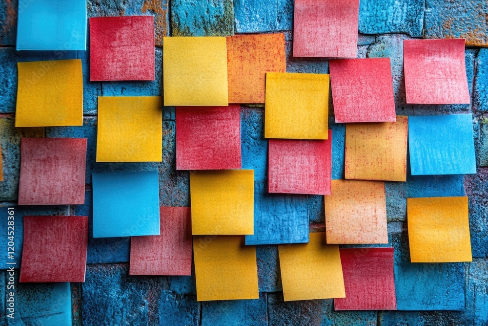 Poster a bunch of colorful post-it notes hanging on a wall, perfect for creative brainstorming sessions or 