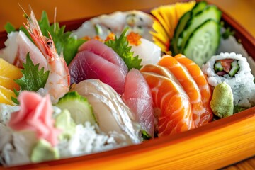 A colorful bowl filled with various types of sushi and fresh vegetables, perfect for a healthy snack or meal