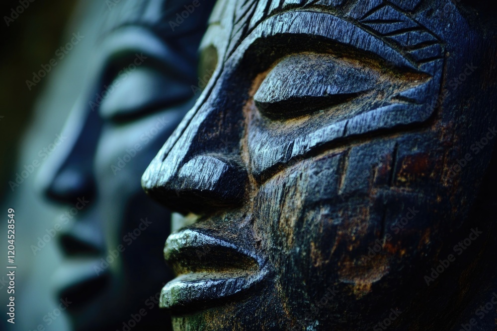Poster a detailed view of a wooden carving depicting a human face, perfect for use in illustrations or desi