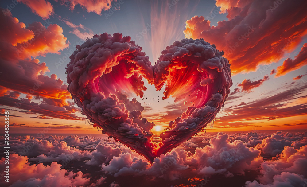 Poster heart made of clouds with a red sun in the background. the clouds are pink and orange, giving the im