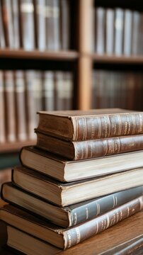 Stacks of vintage books on a wooden table in a library filled with shelves of literature