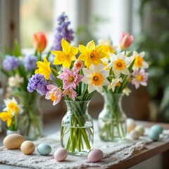 Vibrant spring flowers and colorful eggs celebrate the joy of Easter. Generative AI