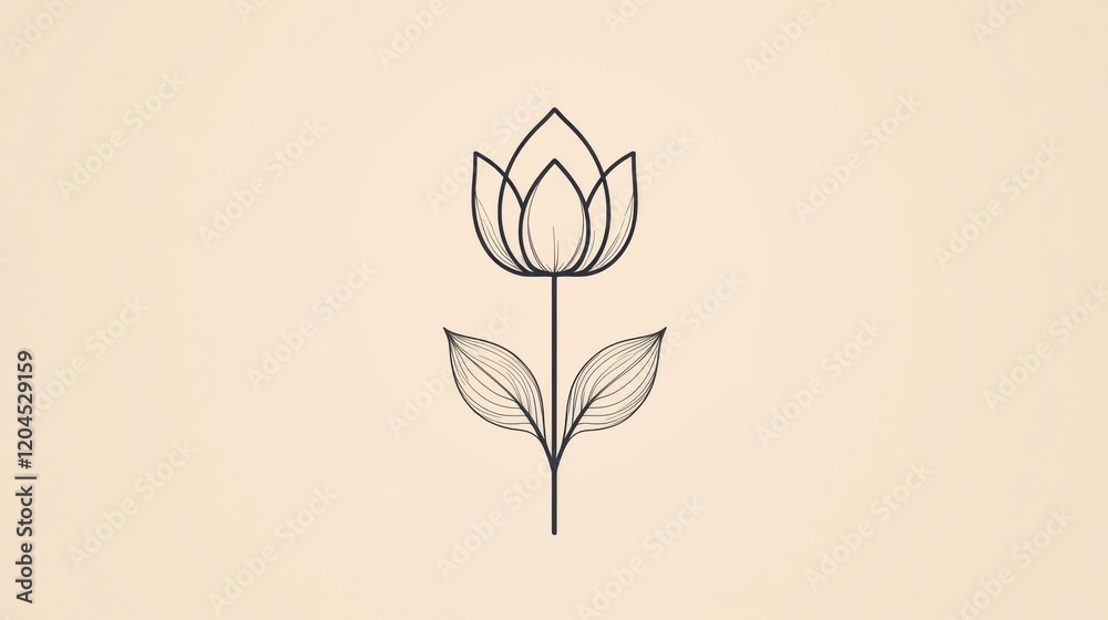 Aufkleber elegant minimalist line drawing of a flower with leaves on a cream background. generative ai