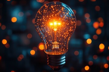 A single light bulb shining brightly in darkness, ideal for use as a symbol of hope or guidance