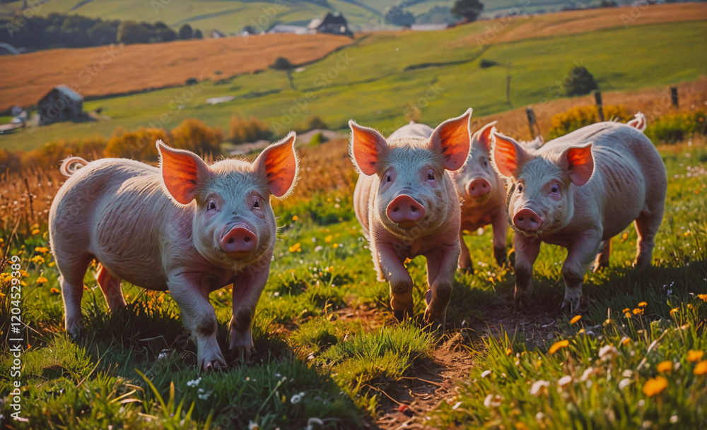 Poster Four pigs are running through a field of grass. The scene is peaceful and serene, with the pigs enjoying their time in the open field