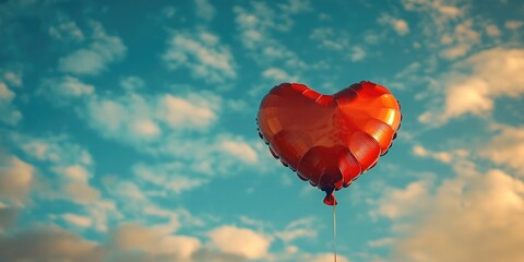 Fototapeta premium A red heart-shaped balloon floats gently in the blue sky, a symbol of love and joy