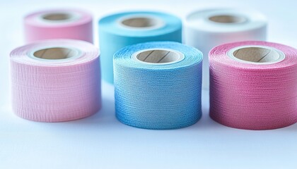 Variety Of Elastic Therapeutic Tape Rolls In Pink And Blue Shades On A White Surface: Assorted Colors For Effective Healing.