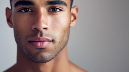 Fototapeta premium Close-up shot of a man's upper body with no shirt, highlighting his chest and facial features