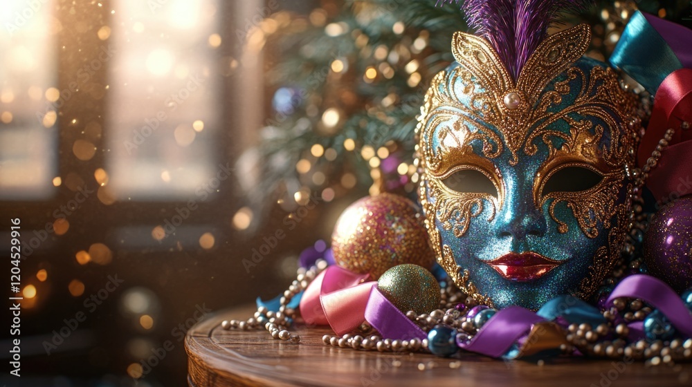 Aufkleber A colorful carnival mask resting on a wooden table, perfect for use in party or festive themed projects