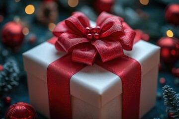 A small gift box wrapped with a bright red bow, ideal for birthdays or holidays