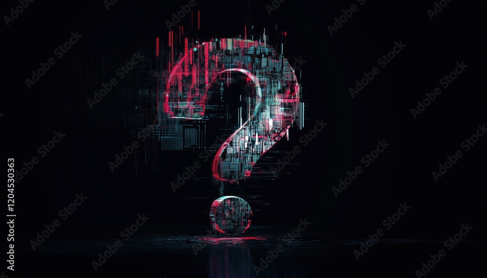 Poster abstract neon question mark with glitch effect on black background: modern and illuminated distorted