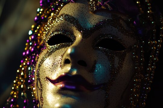 A detailed view of a mask adorned with beads, ideal for use in editorial content or product promotions