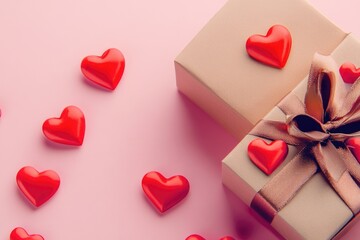 Fototapeta premium A beautifully presented gift box adorned with red hearts on a pink background, perfect for romantic occasions