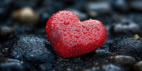 Obraz premium A small red heart sits atop a pile of dark gray rocks, symbolizing love and passion