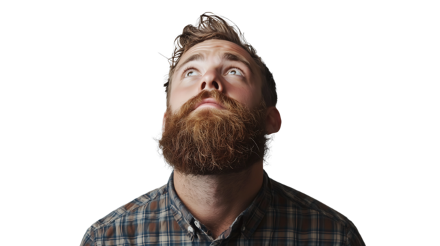 Hipster man with beard looking up over white background ,high resolution