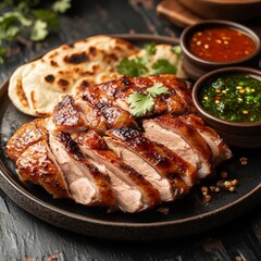 Sliced grilled duck breast served with naan bread and two sauces.