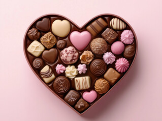 Luxury Heart-Shaped Chocolate Box with Premium Assorted Chocolates in Colors, Flavors, and Designs on an Elegantly Decorated Pink Background, Perfect for Valentine's Day Gifts