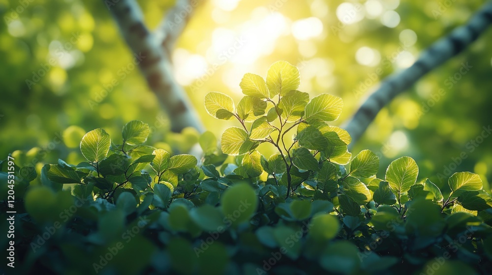 Poster a warm and natural light filters through the leaves of a bush, creating a beautiful scene