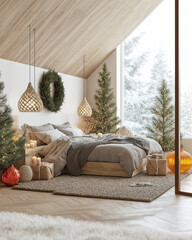 A bed with Christmas lights and a green wreath on the wall, grey linen bedding, a wooden headboard, a large blanket over it, a floor carpet, tall spruce trees decorated with garlands around them